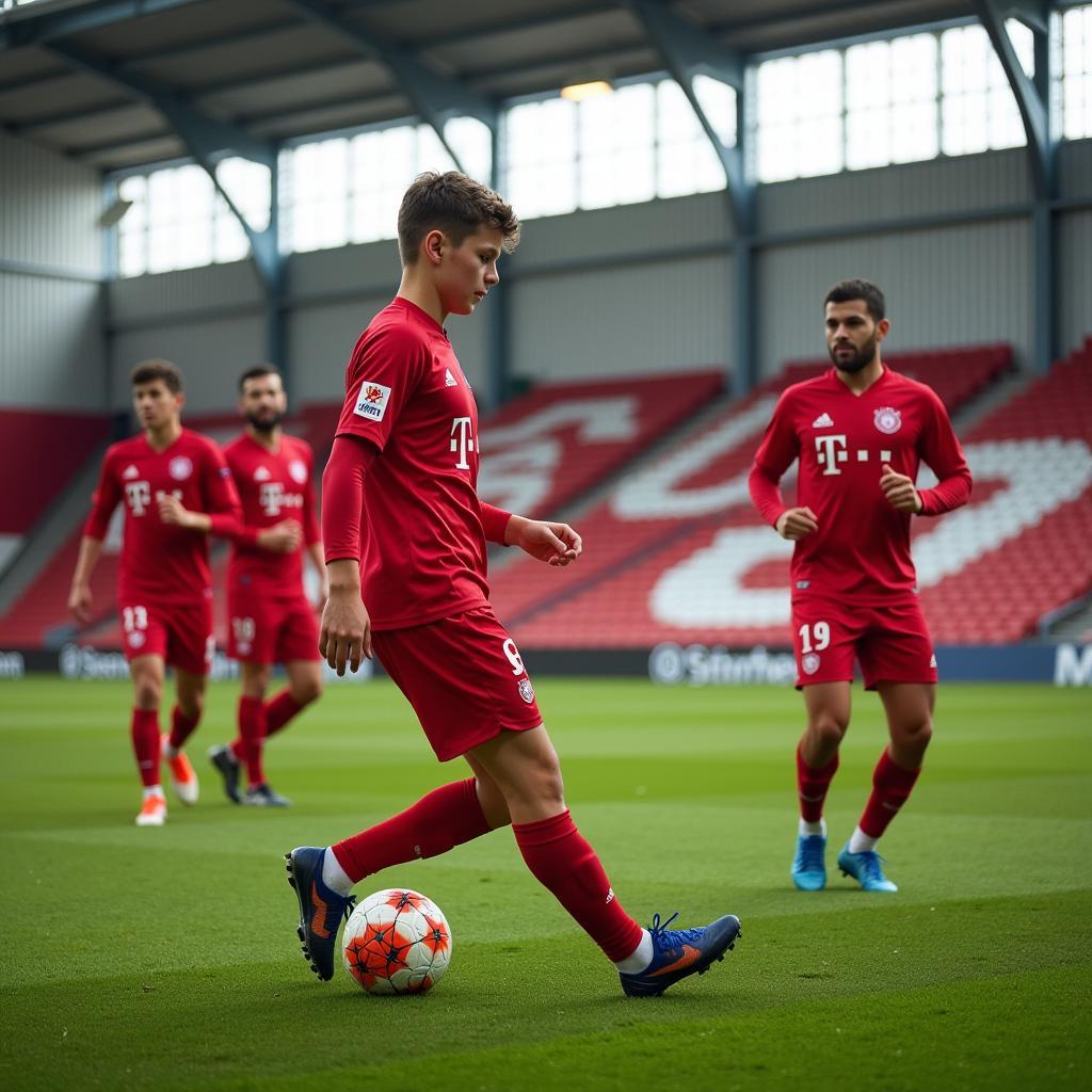 Jugendspieler von Bayer Leverkusen trainieren auf dem Vereinsgelände.