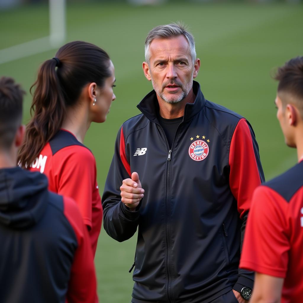 Trainer von Bayer Leverkusen bespricht die Taktik mit seinen Spielern während des Trainings