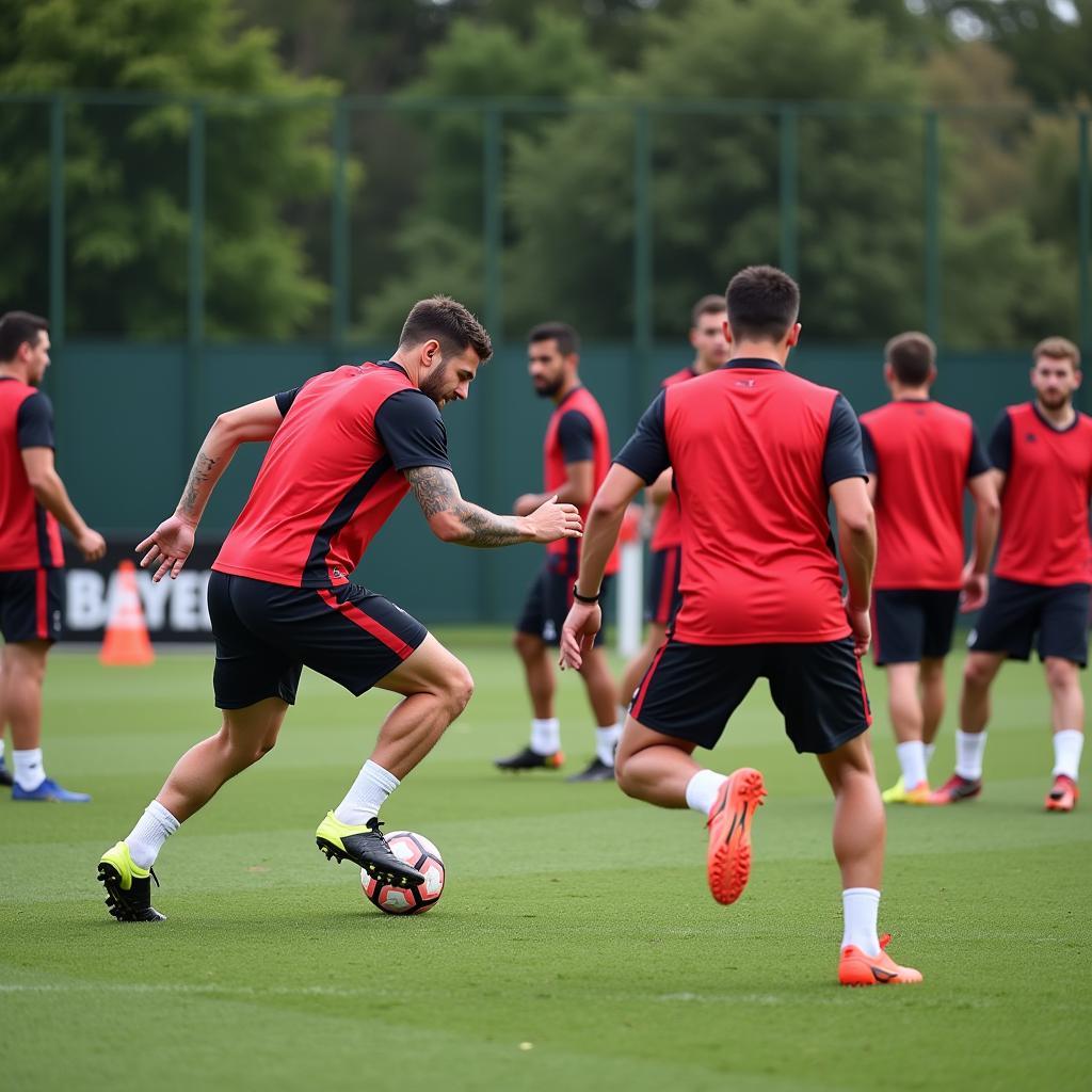 Die Spieler von Bayer Leverkusen trainieren hart auf dem Platz.