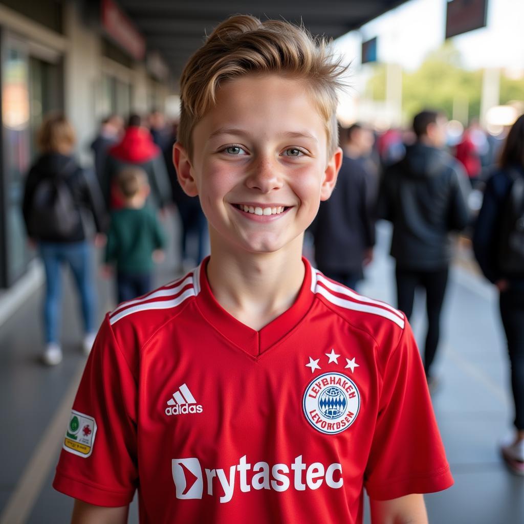 Ein Fan trägt stolz das Trikot von Bayer Leverkusen