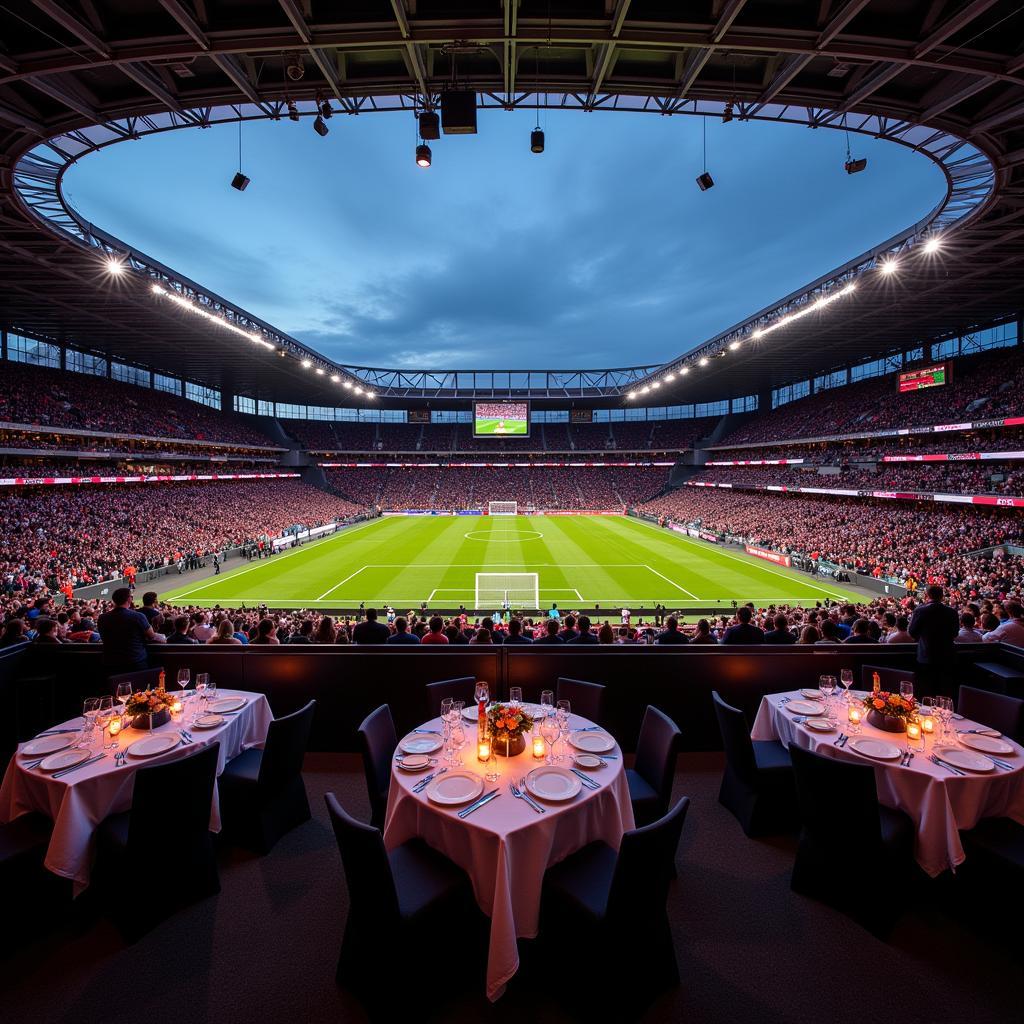 Panoramablick auf den VIP-Bereich der BayArena, eingerichtet für eine elegante Abendveranstaltung