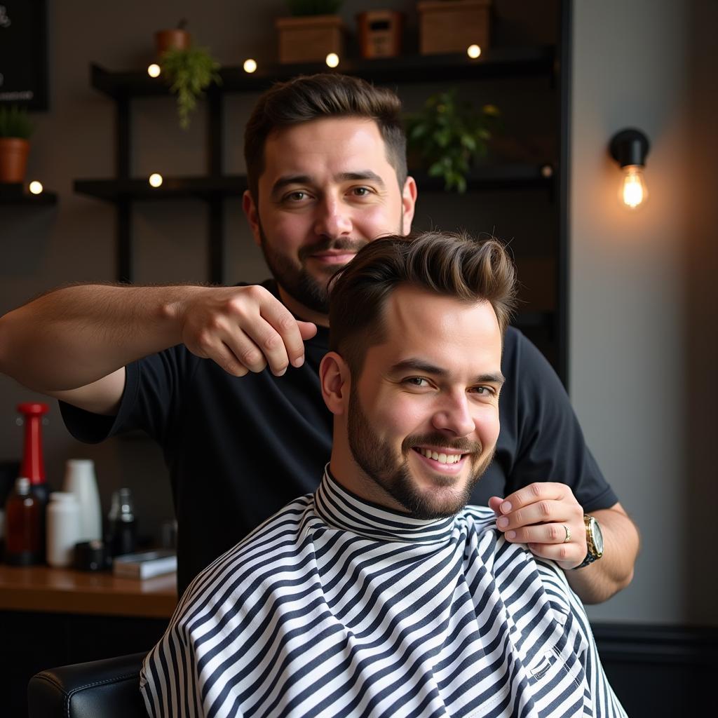 Ein zufriedener Kunde zeigt seinen neuen Haarschnitt im Beban Barber Shop