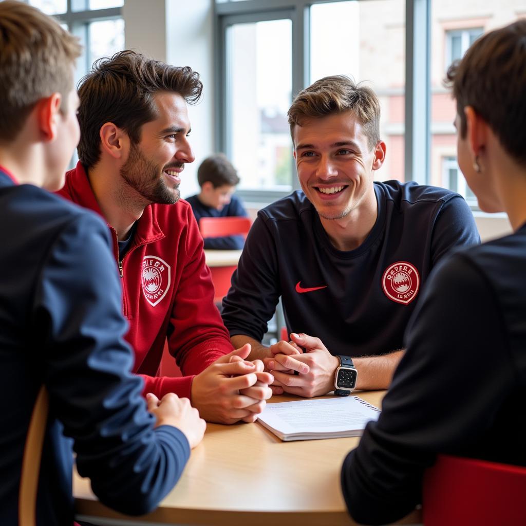 Schüler der Käthe Kollwitz Gesamtschule Leverkusen im Gespräch mit Bayer Leverkusen Spielern