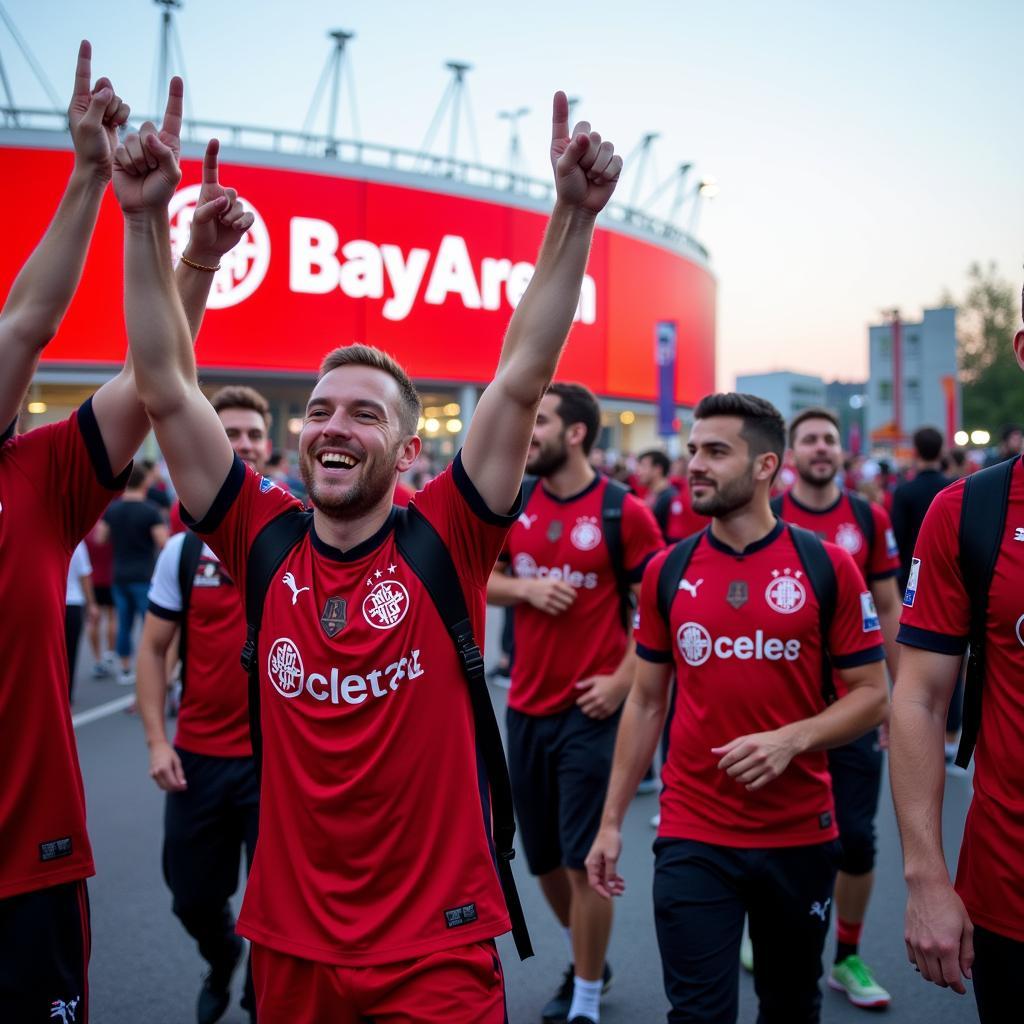 Besucher vor der BayArena Leverkusen