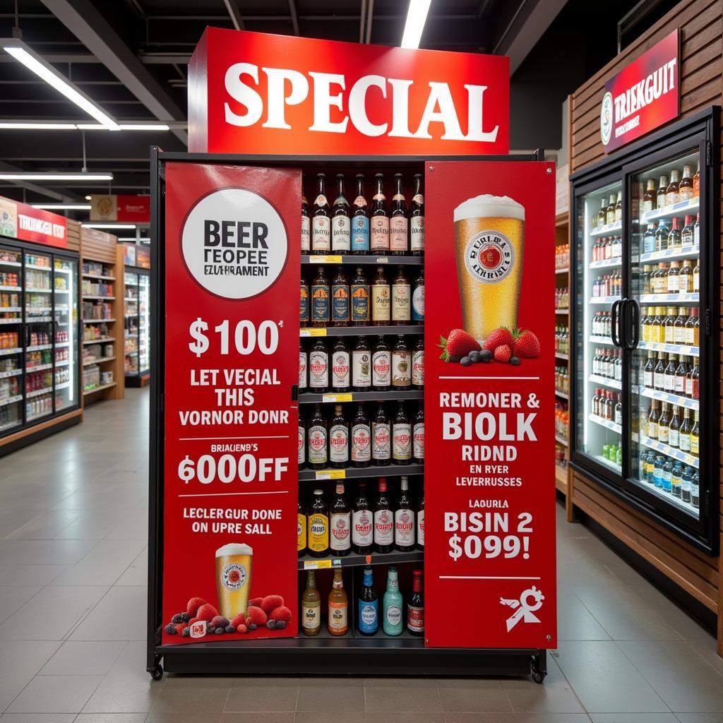 A display of beer offers at a Trinkgut store in Leverkusen, with prominent signage promoting deals for Bayer Leverkusen fans.