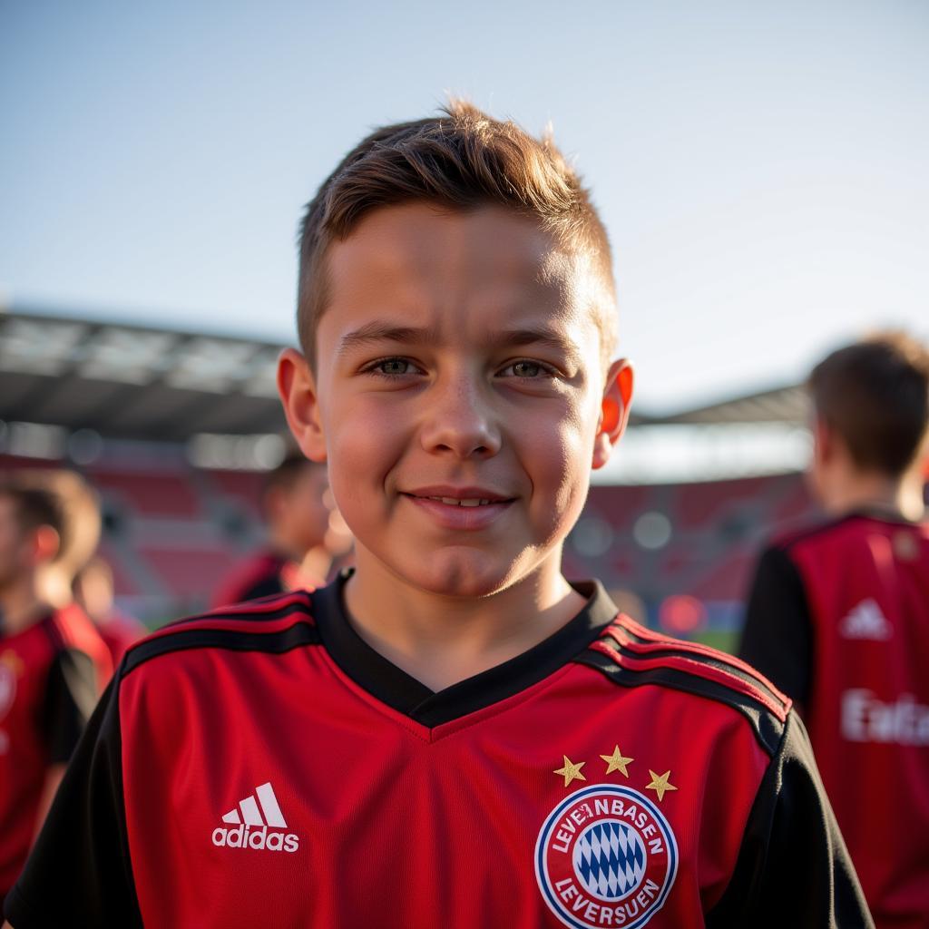 Ein stolzer Fan im Bayer Leverkusen Trikot