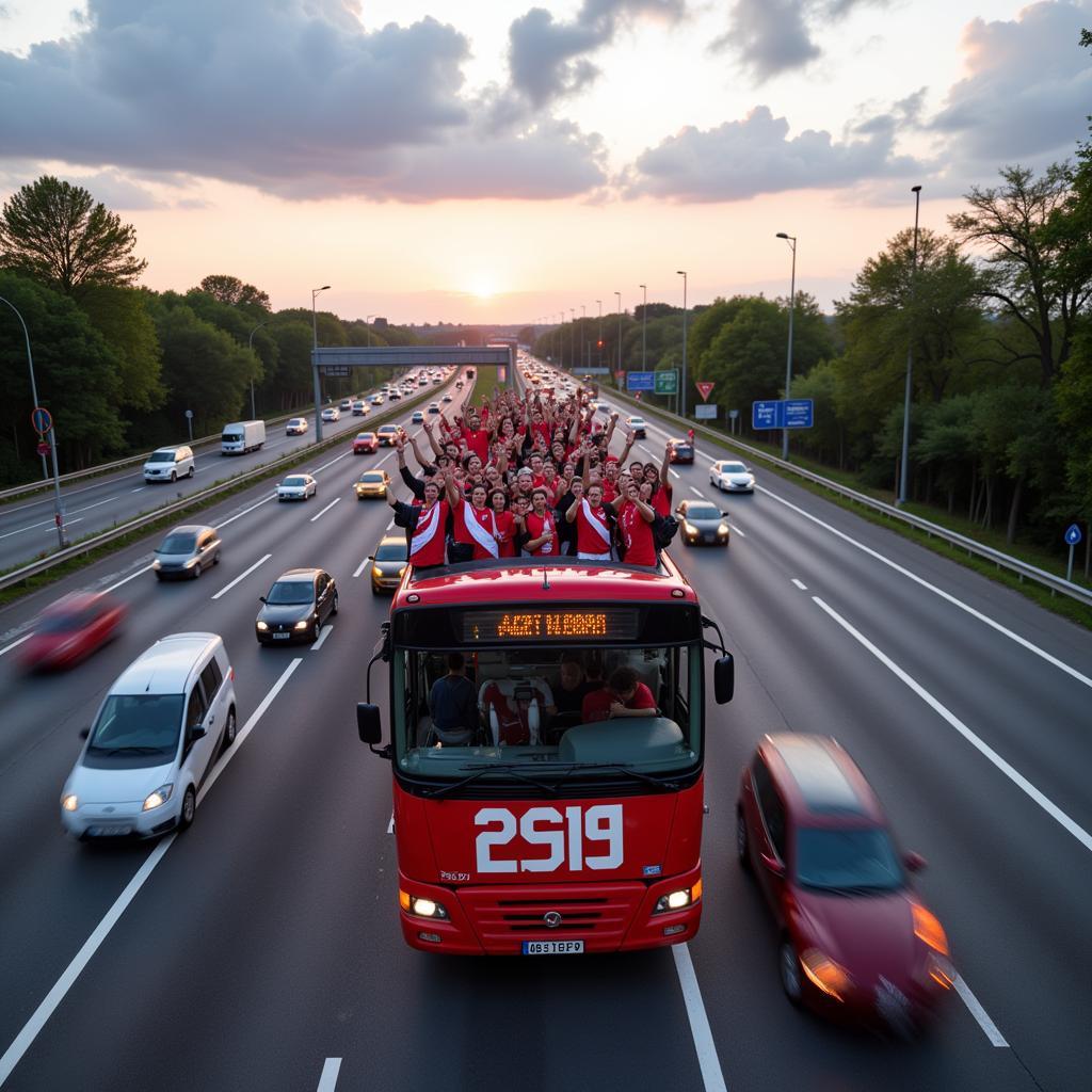 Ein Bus voller Bayer Leverkusen Fans auf der Autobahn A3 Richtung BayArena