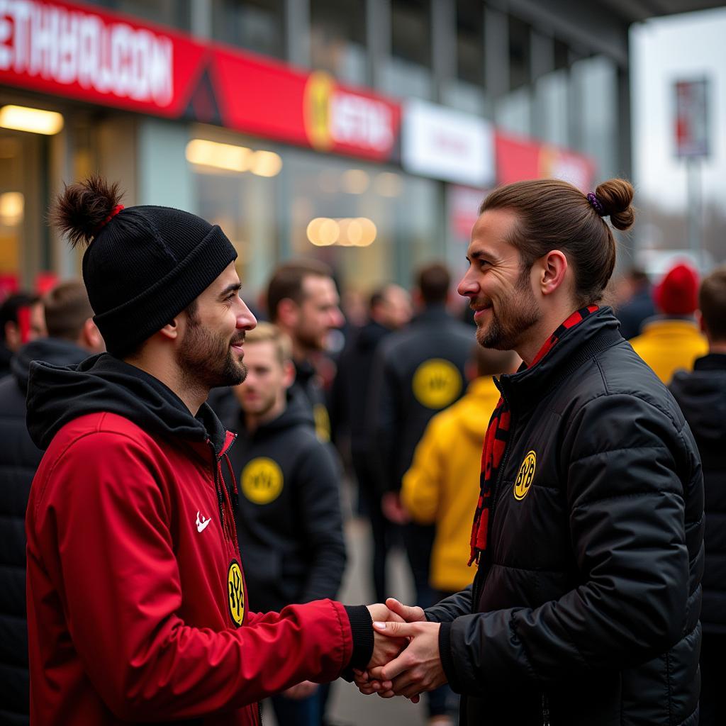 Fans von BVB und Leverkusen treffen sich vor dem Stadion