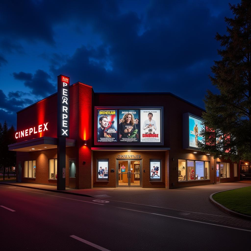 Außenansicht des Cineplex Leverkusen bei Nacht mit beleuchteter Fassade und Werbeplakaten für aktuelle Filme.