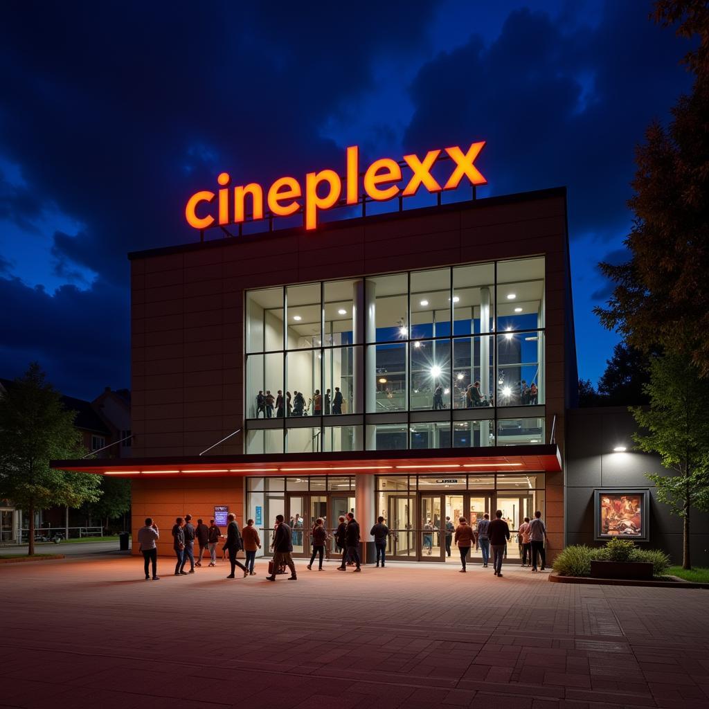 Moderne Fassade des Cineplexx Leverkusen bei Nacht