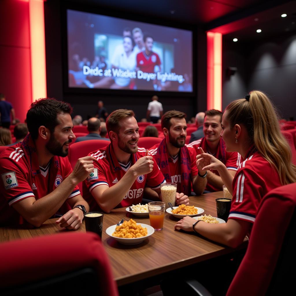 Gruppe von Fußballfans genießen Snacks und Getränke in der Lobby des Cineplexx Leverkusen