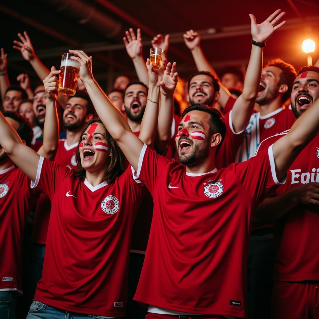 Fans feiern im Claashäuschen Leverkusen