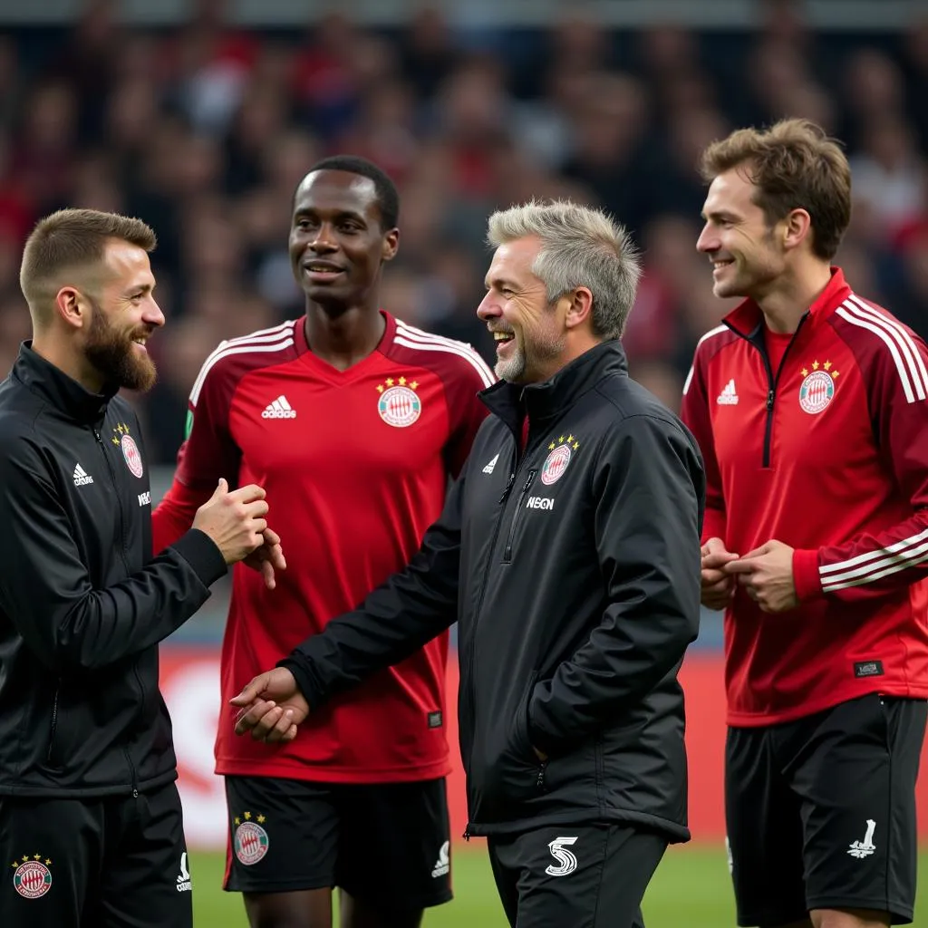 Co-Trainer Leverkusen feiert einen Sieg mit der Mannschaft