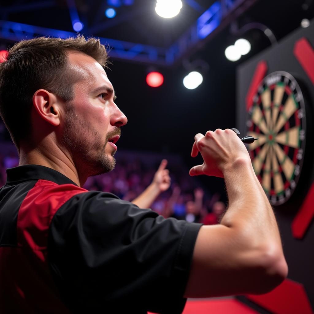 Profi-Dartspieler auf der Bühne in Leverkusen