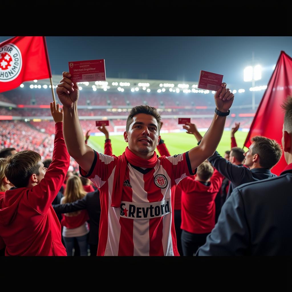 Bayer Leverkusen Fans feiern im Stadion mit ihren Dauerkarten