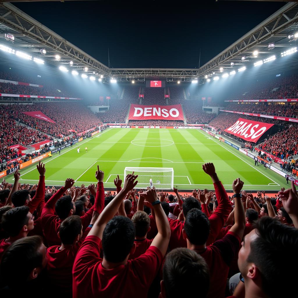 Jubelnde Fans von Bayer 04 Leverkusen im Stadion mit Denso Banner