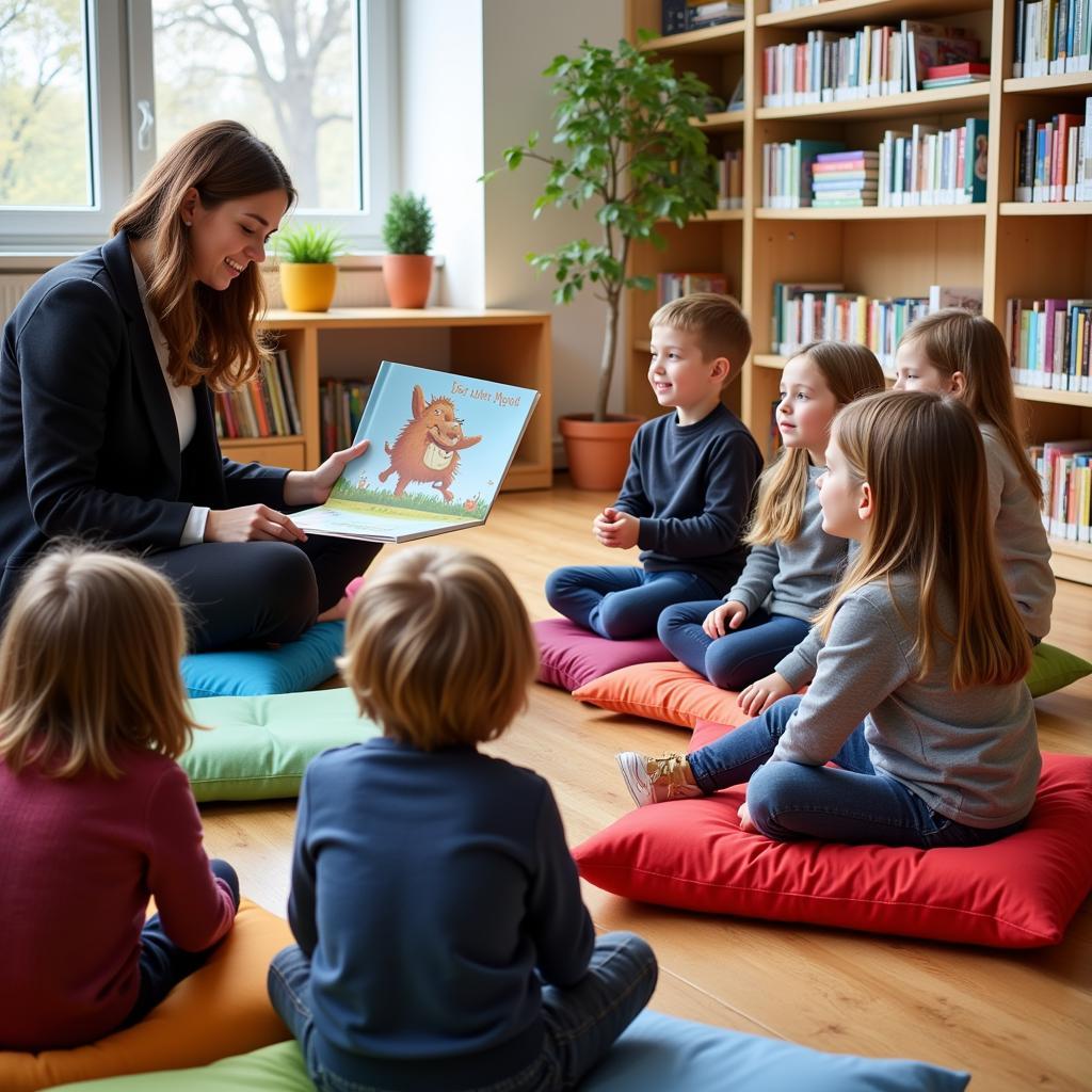 Kinder lauschen gespannt der Geschichte vom kleinen Muck in der Stadtbibliothek Leverkusen.