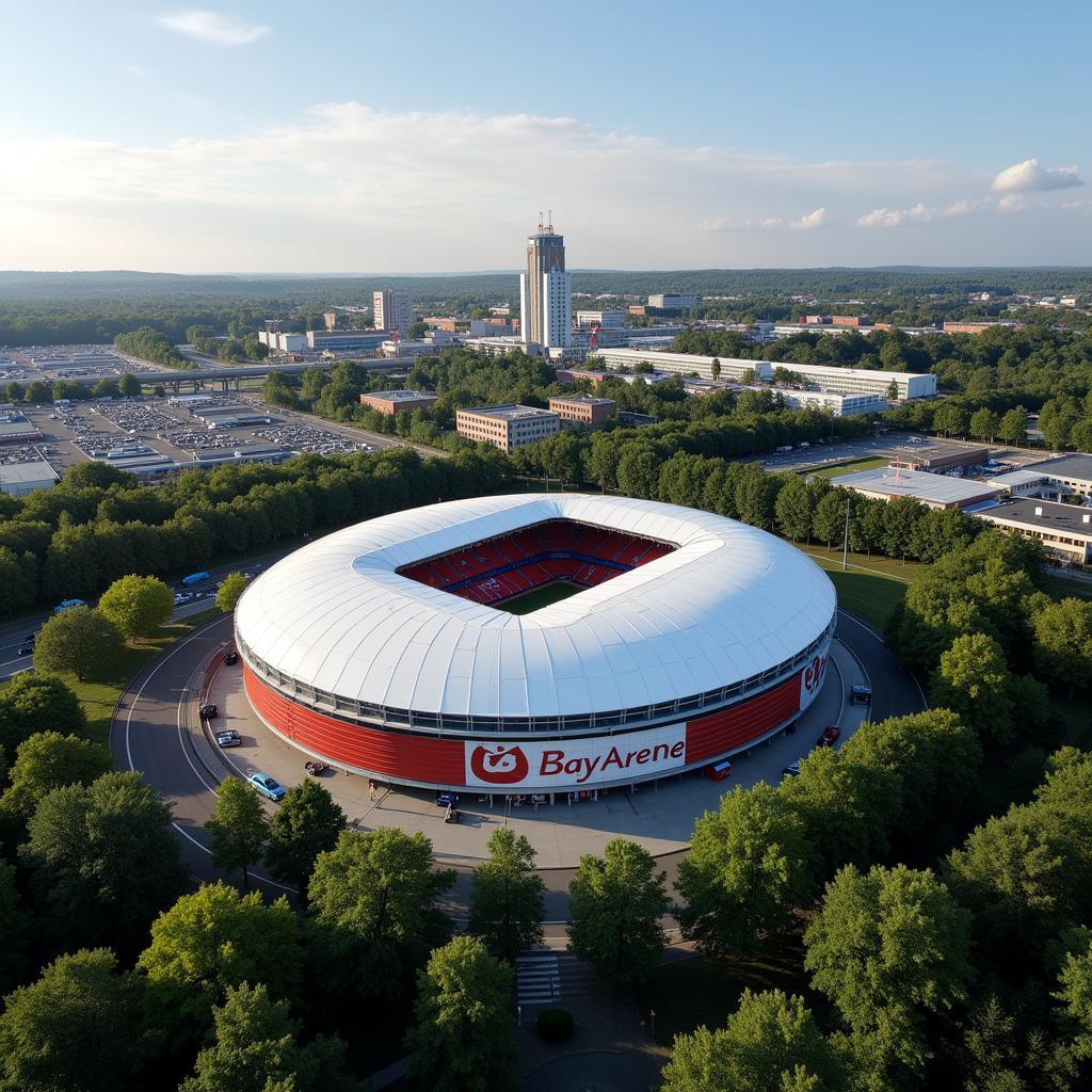 Luftbild des BayArena im ChemPark Leverkusen