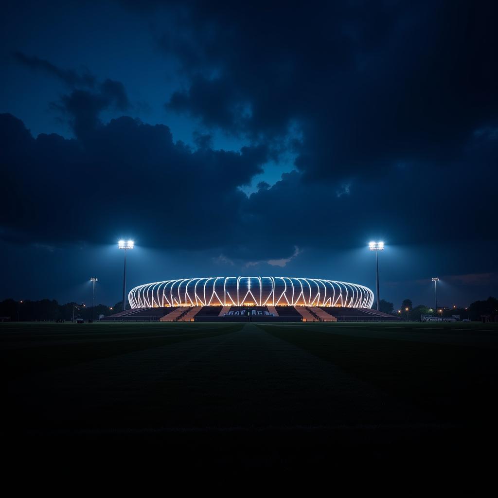 Die BayArena erstrahlt im Abendlicht