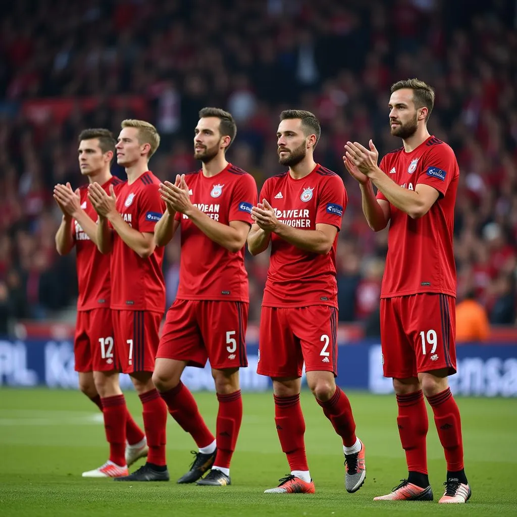 Die Spieler von Bayer 04 Leverkusen bedanken sich bei den Fans