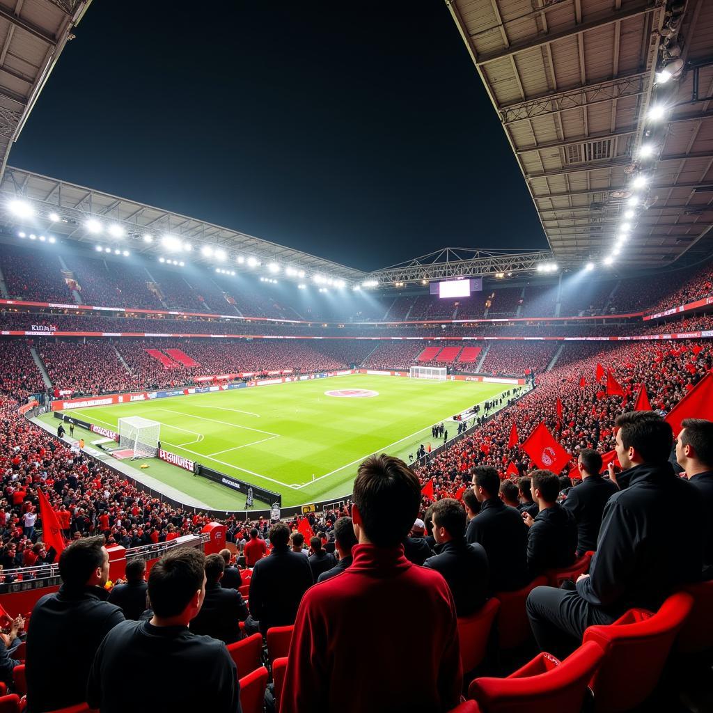 Die Wand: Ein Meer aus schwarz-roten Fahnen im BayArena Leverkusen Fanblock