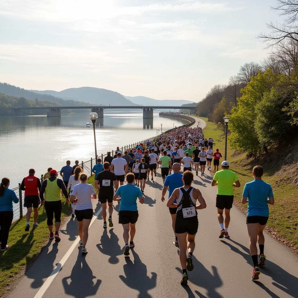 Läufer auf der Strecke des 10km dm-Laufs Leverkusen mit Blick auf den Rhein