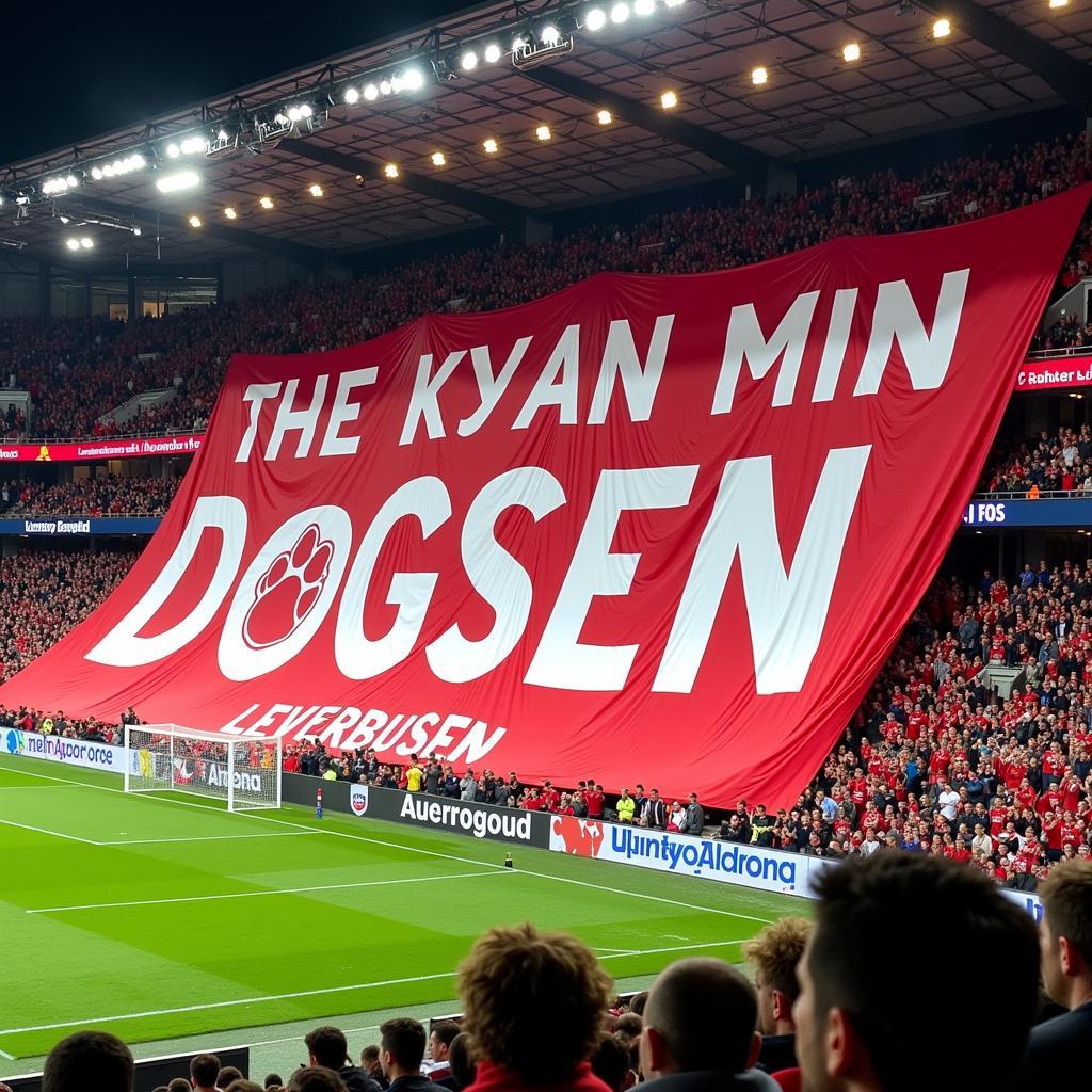 Ein Banner mit der Aufschrift "Dogman Leverkusen" im Stadion