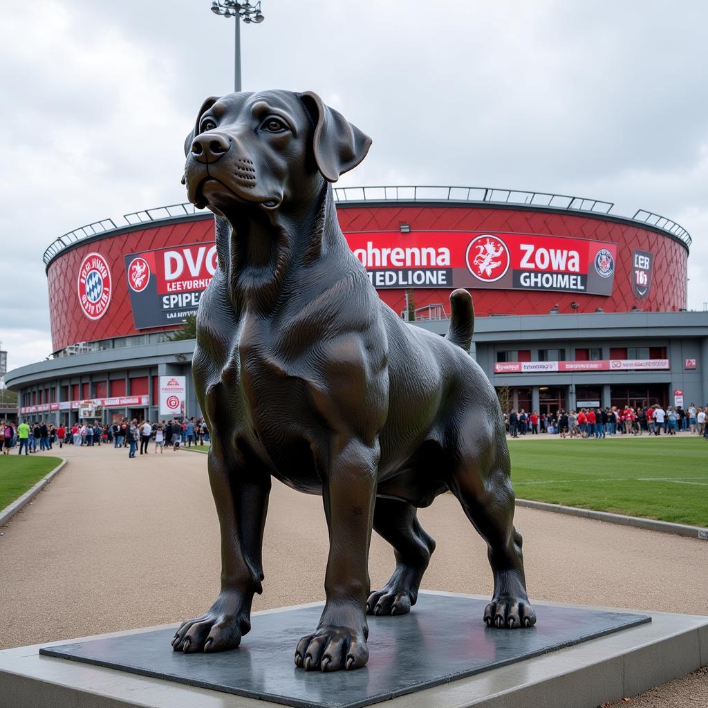 Statue des Dogman Leverkusen vor der BayArena