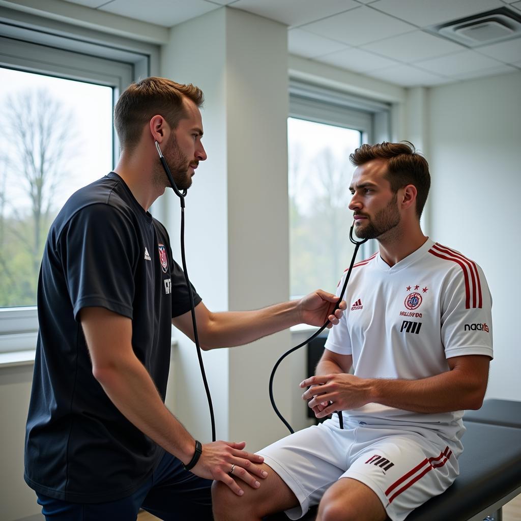 Dr. Hupfer führt eine medizinische Untersuchung an einem Spieler durch