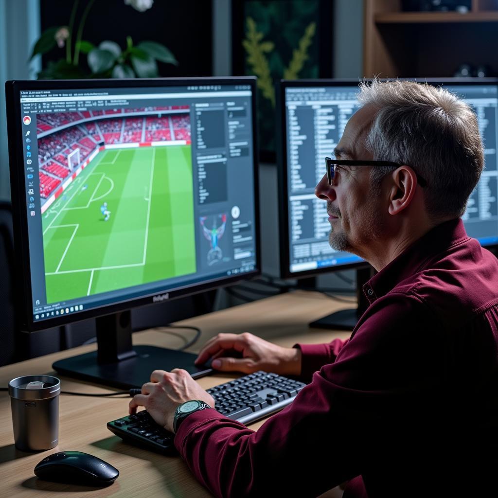 Dr. Schlör analysiert ein Fußballspiel am Computer