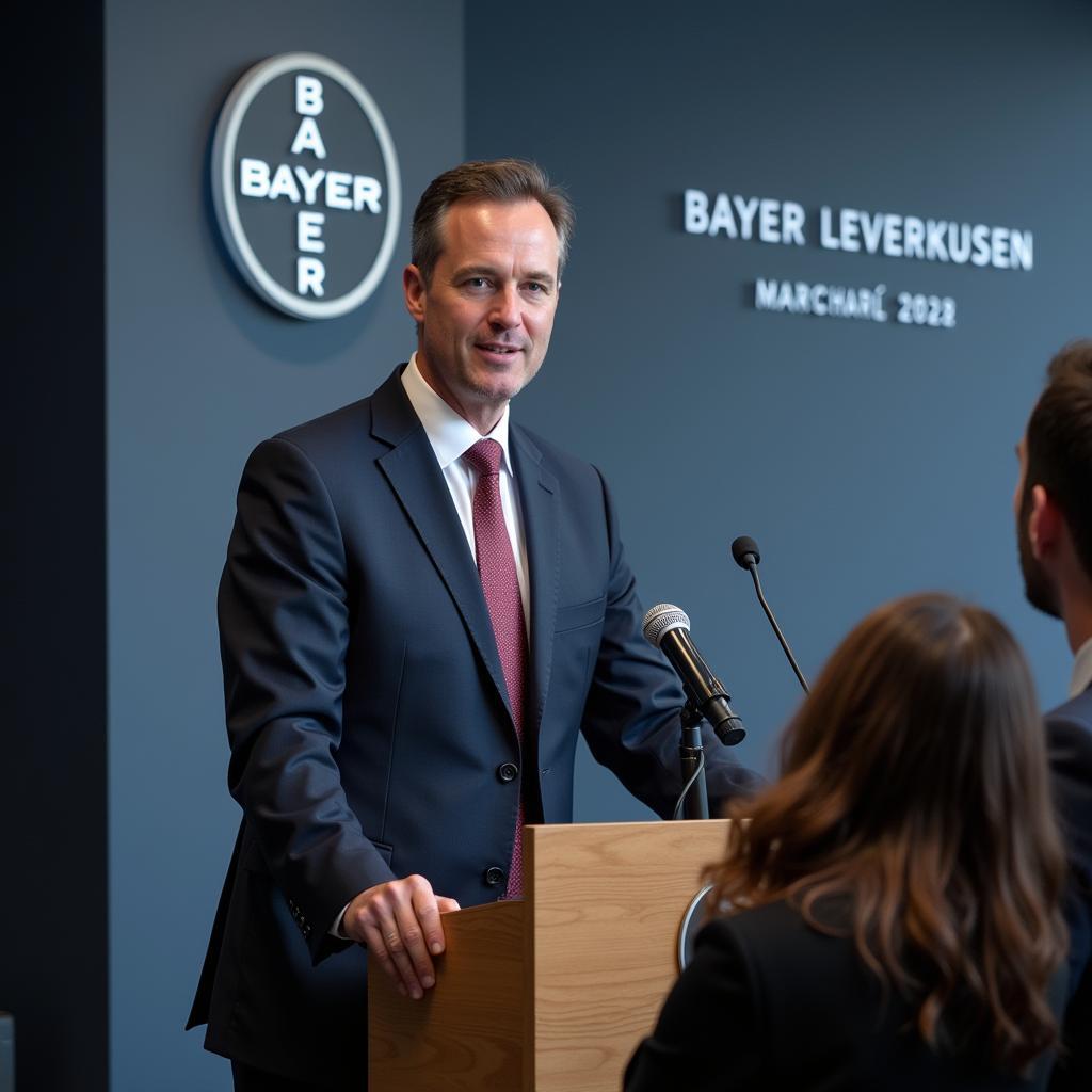 Dr. Reinhard Spehr spricht während einer Pressekonferenz zu seiner Zeit bei Bayer Leverkusen