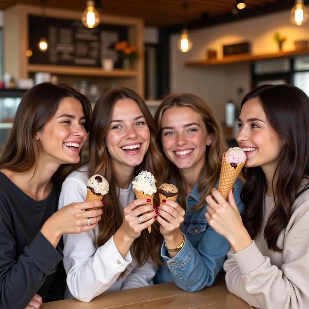 Gruppe von Freunden genießt Eis in einem Leverkusener Café