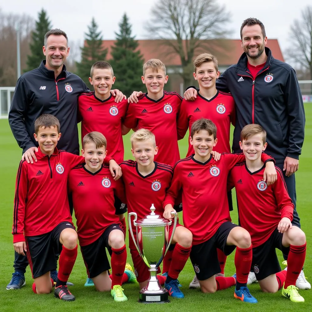 Junge Fußballer der Bayer Leverkusen Fussballschule mit Trainern und Pokal