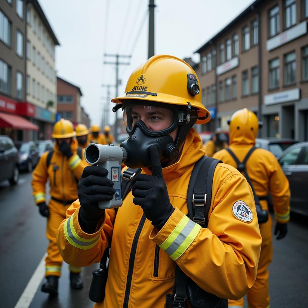 Messfahrzeuge der Feuerwehr im Einsatz nach der Explosion in Leverkusen