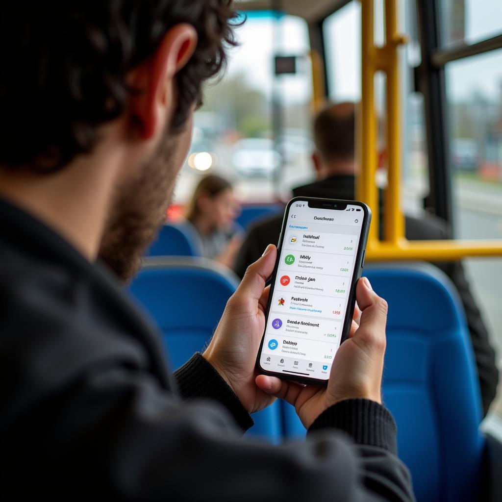 Fahrgast im Bus mit Handy Fahrplan