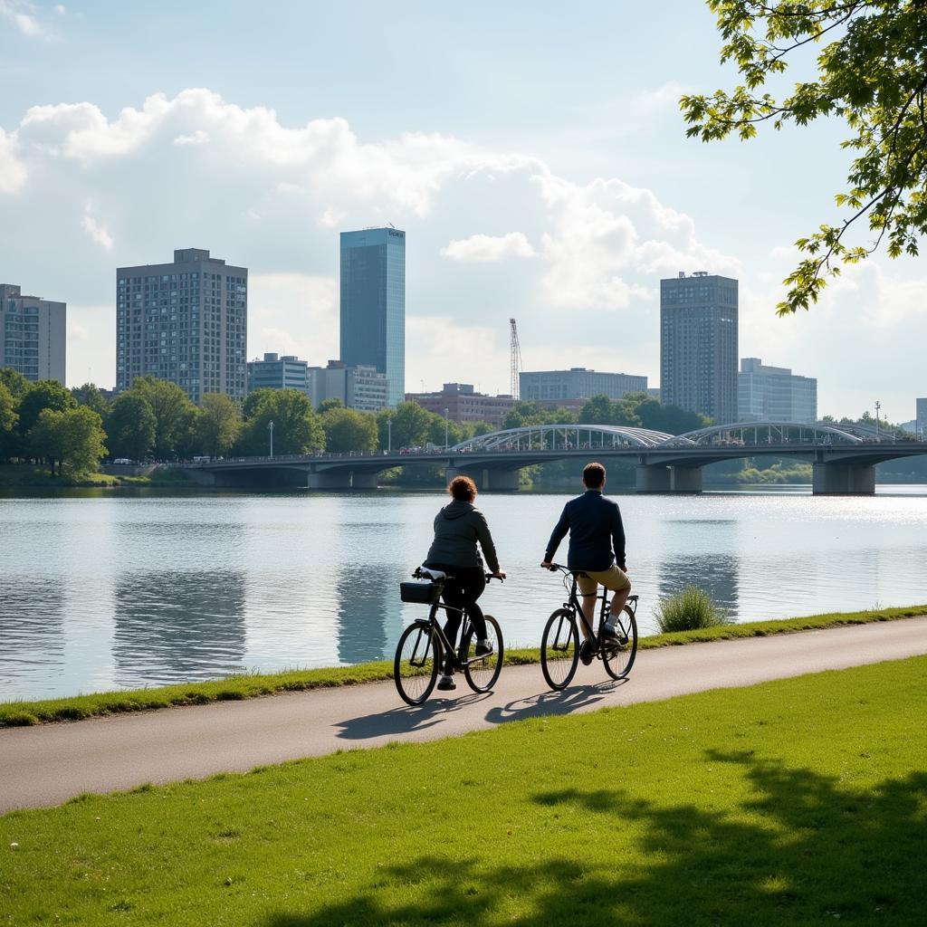 Ein Paar fährt mit dem Fahrrad am Rhein entlang in Leverkusen