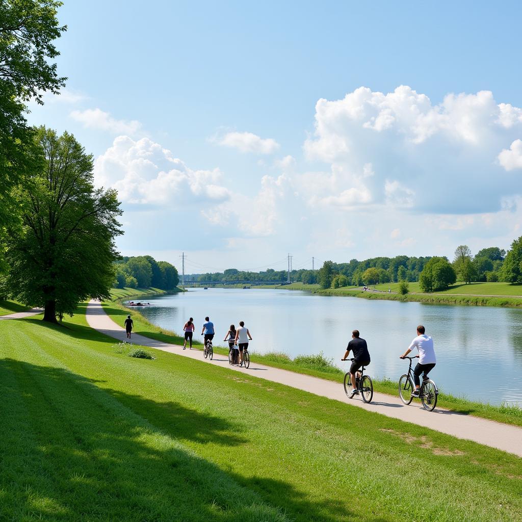 Fahrradfahren am Rheinufer in Leverkusen Rheindorf