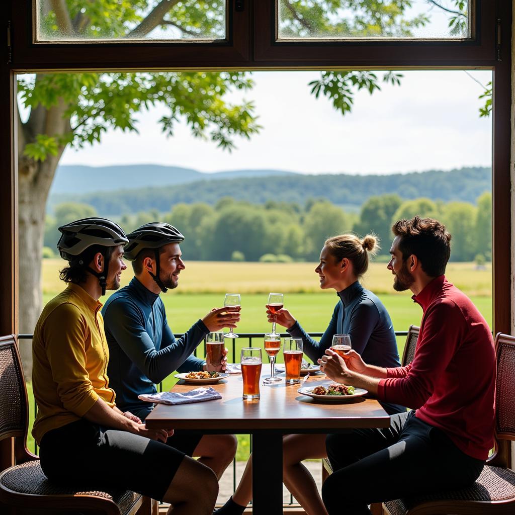 Gruppe von Fahrradfahrern genießt eine Pause in Leverkusen