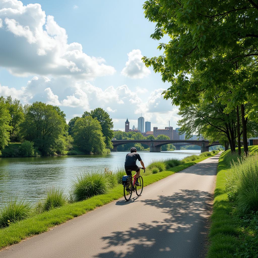 Fahrradfahrer am Rheinufer in Leverkusen