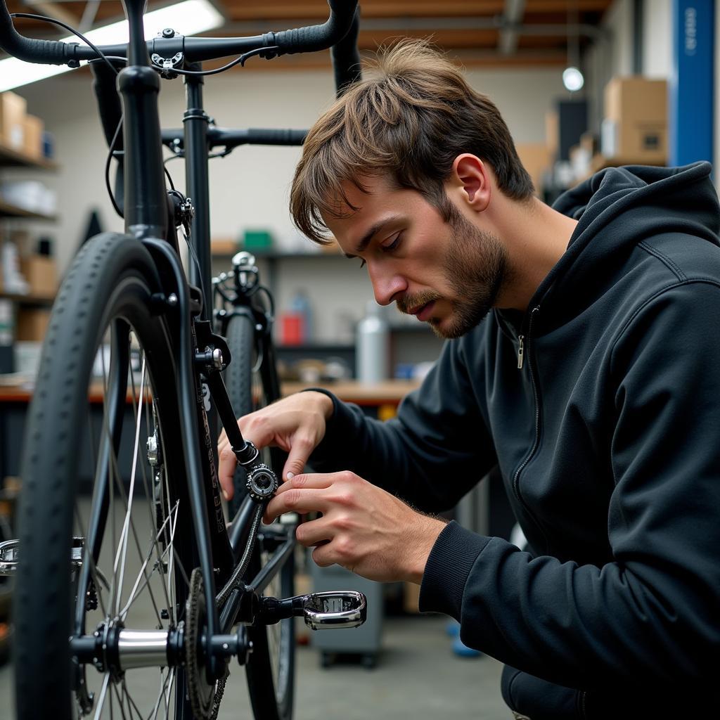 Fahrradmechaniker repariert ein Fahrrad in einer Werkstatt in Leverkusen