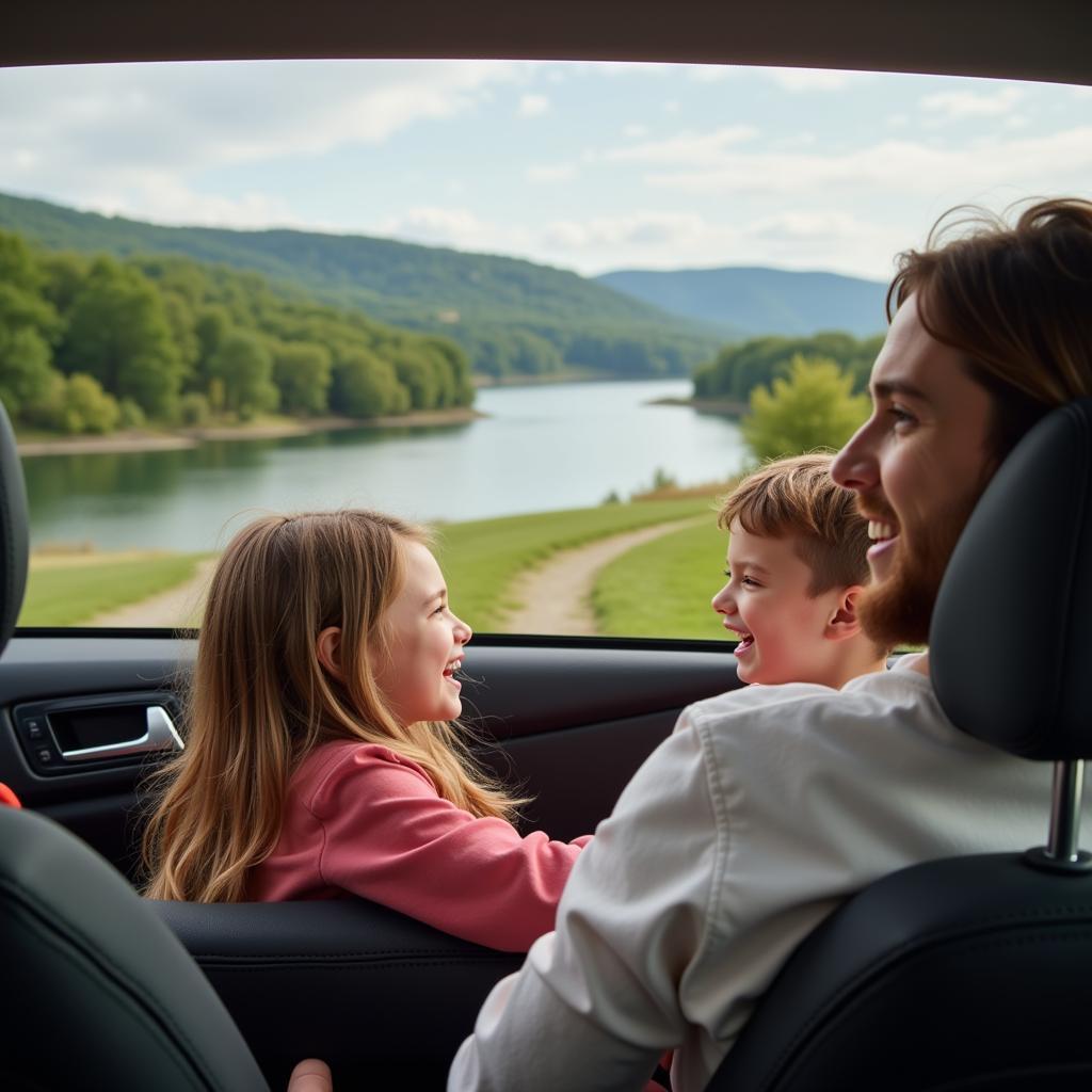 Familie genießt Autofahrt am Rhein bei Leverkusen