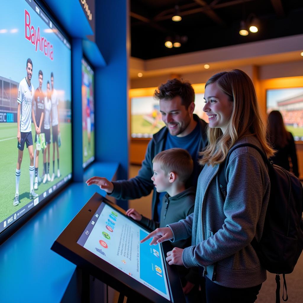 Eine Familie erkundet die interaktiven Ausstellungen in der Erlebniswelt BayArena