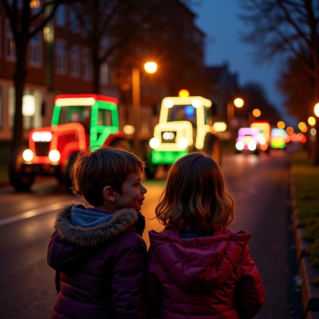 Familie besucht den Traktor Lichterzug Leverkusen