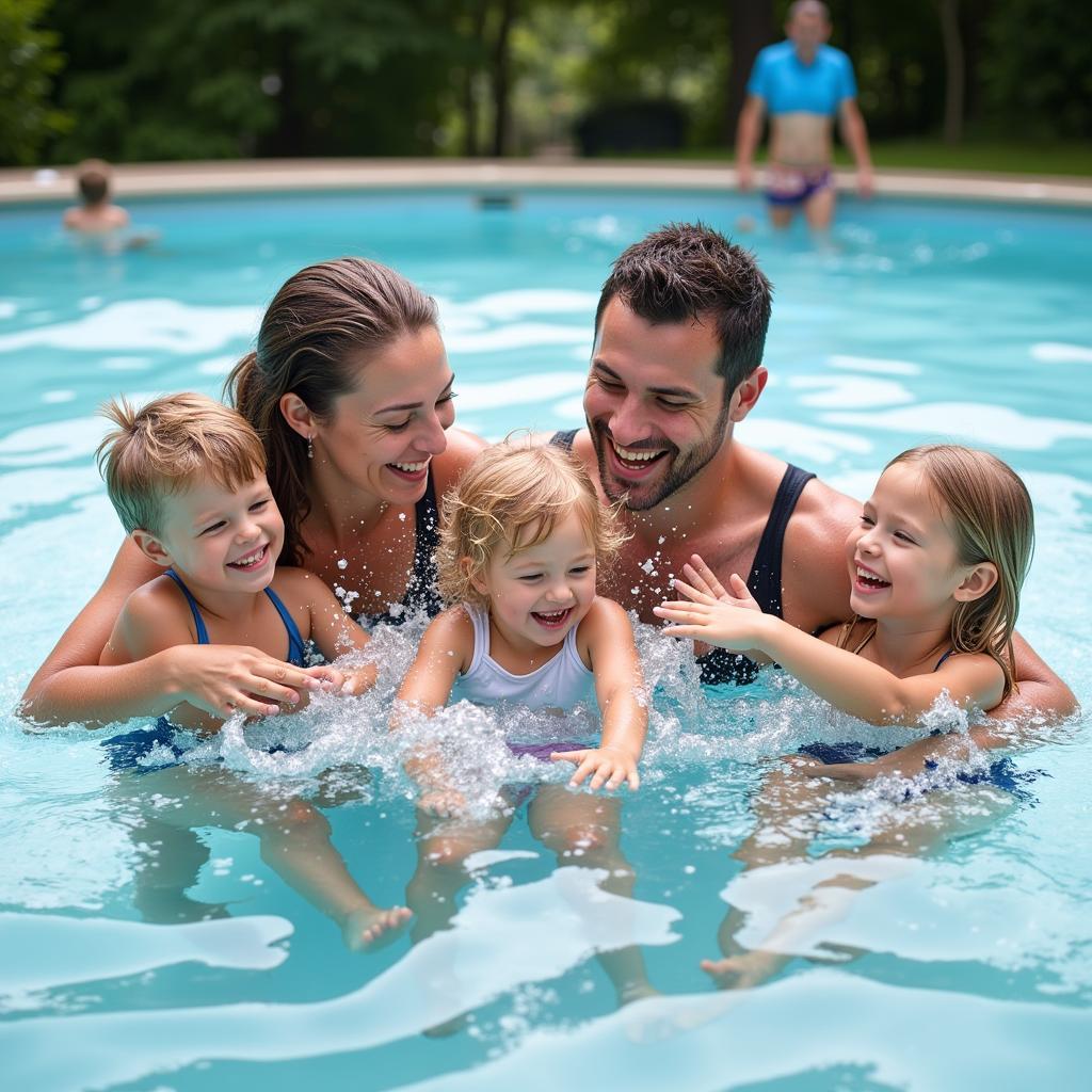 Glückliche Familie genießt den Wasserspaß im Aqua Sport Leverkusen