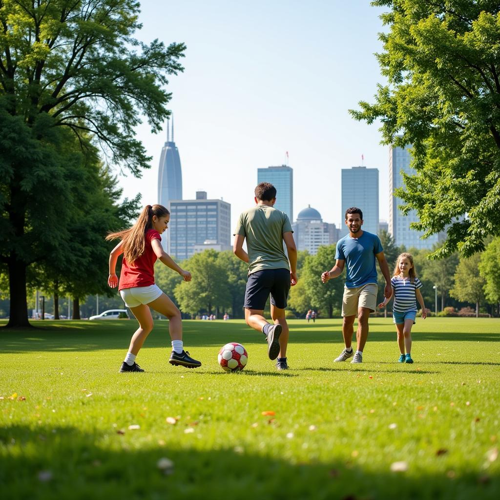 Familie spielt Fußball im Park in Leverkusen