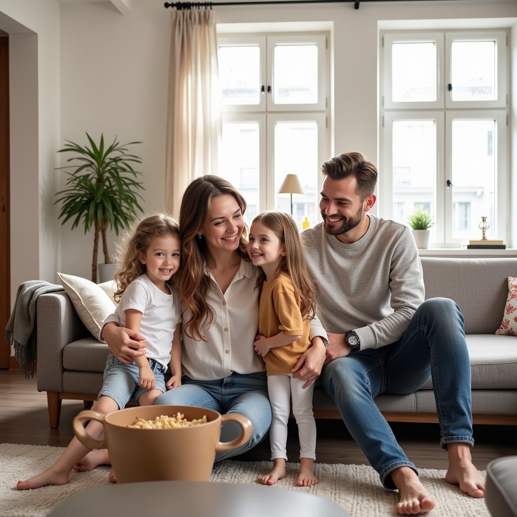 Glückliche Familie im Wohnzimmer ihrer Eigentumswohnung in Leverkusen