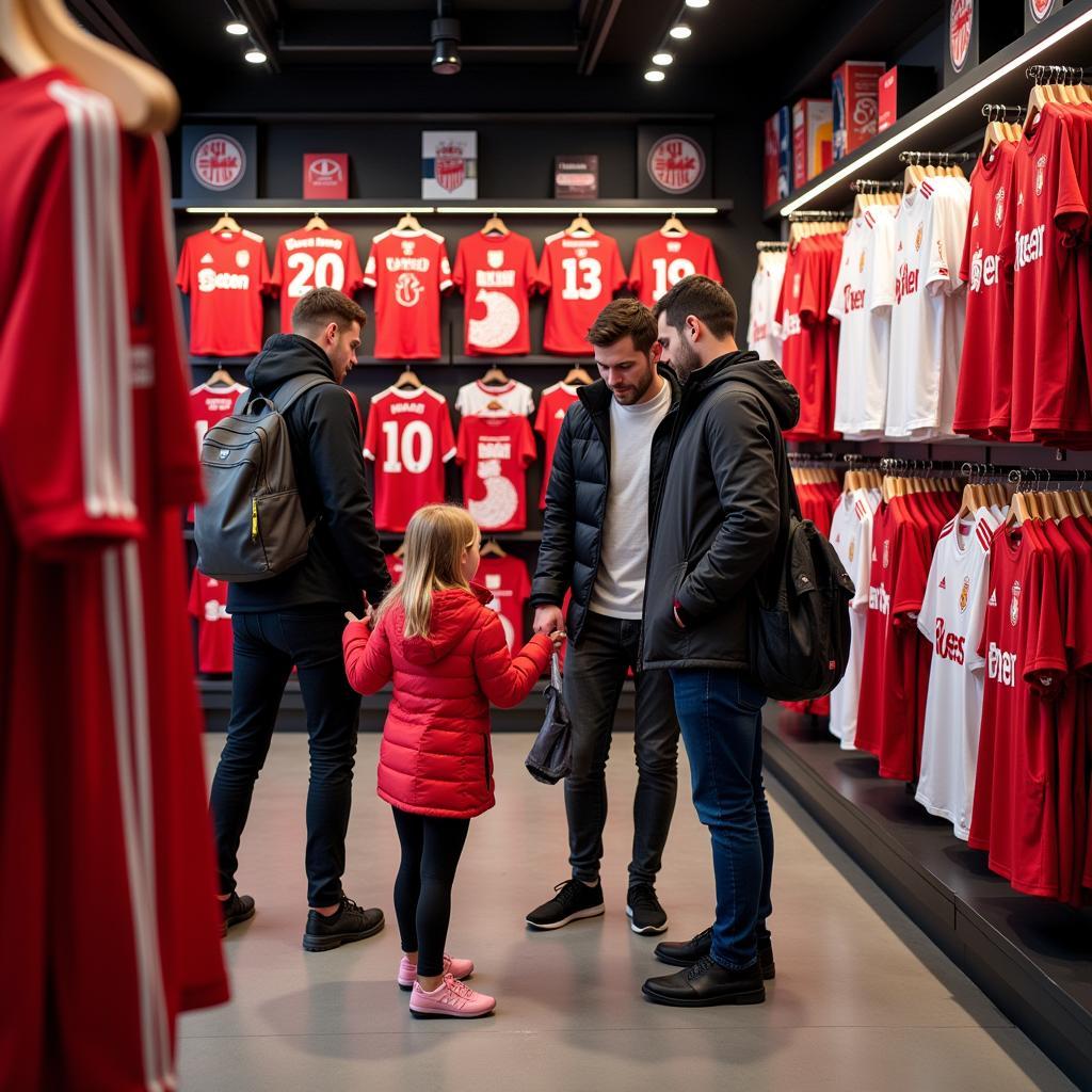 Familien im Fanshop der BayArena stöbern nach Fanartikeln