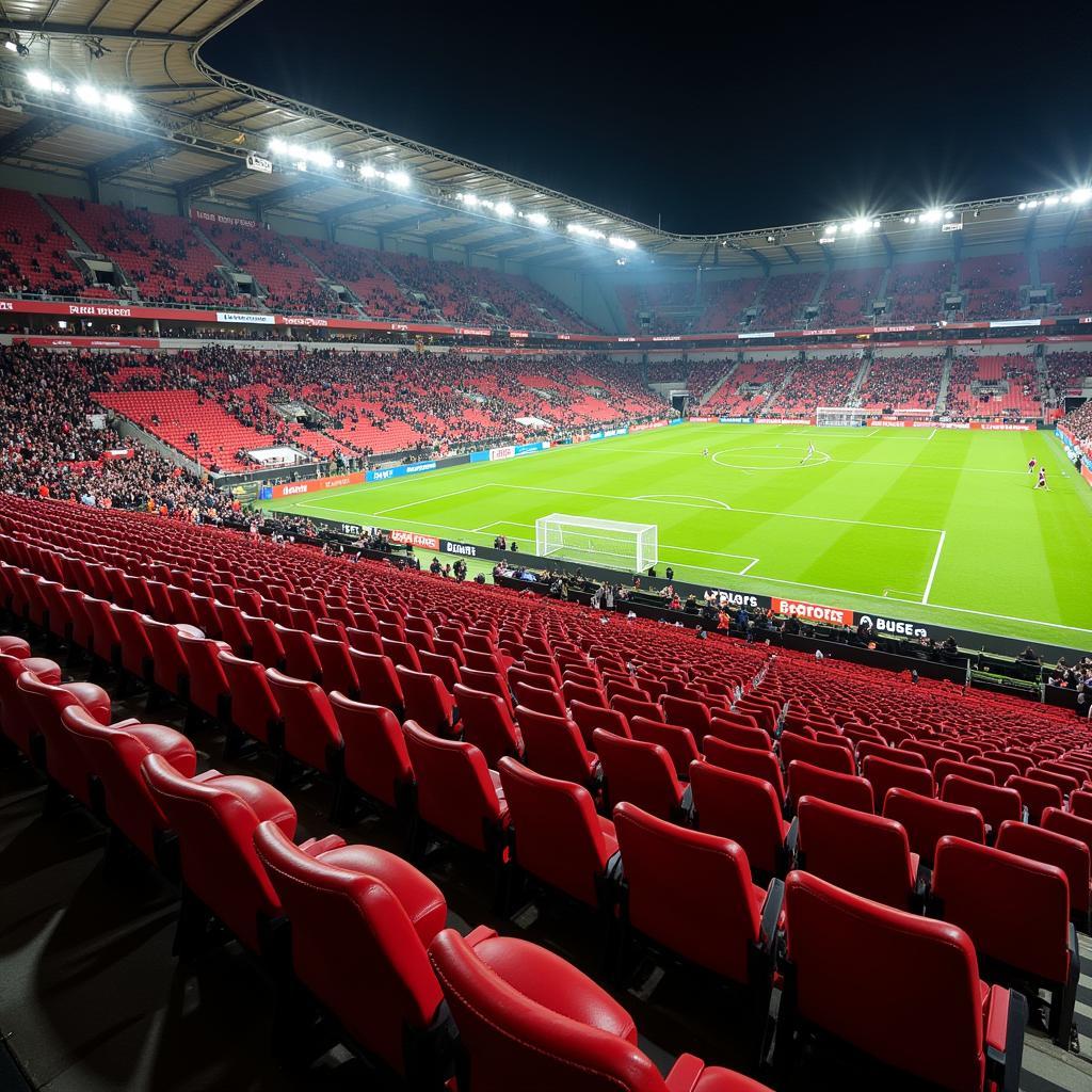 Leere Sitze im Stadion während eines Bayer Leverkusen Spiels. Ein Zeichen des Fan-Boykotts.