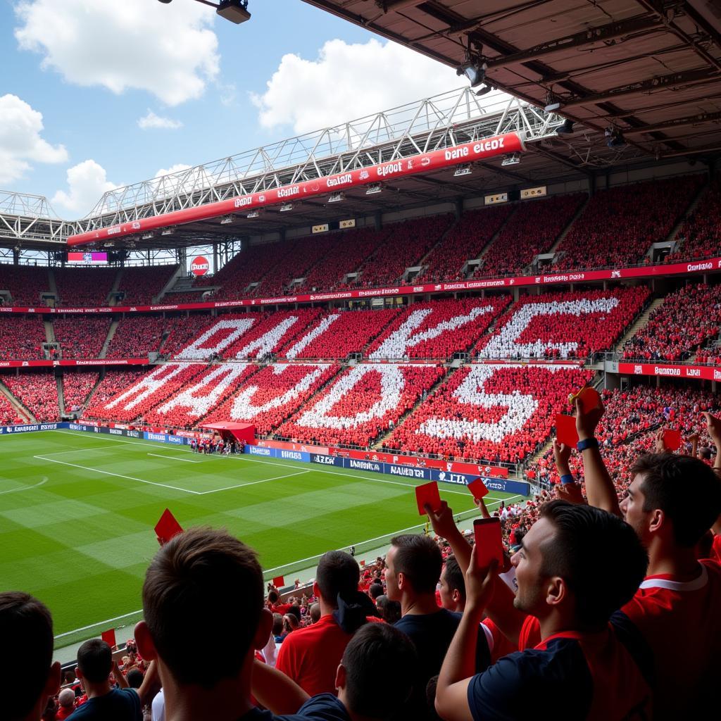 Beeindruckende Fan-Choreografie in den Farben von Bayer 04 Leverkusen in der Arena Alaaf Leverkusen