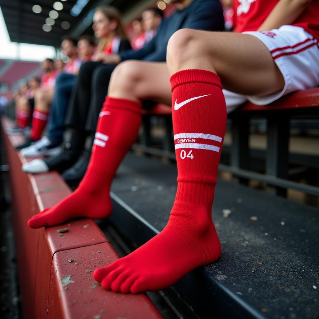 Fan mit Bayer 04 Leverkusen Socken im Stadion